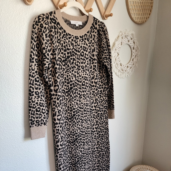 Loft Cheetah Print Long-Sleeve Stretch Knit Sweater Mini Dress Women's S… - Picture 2 of 8